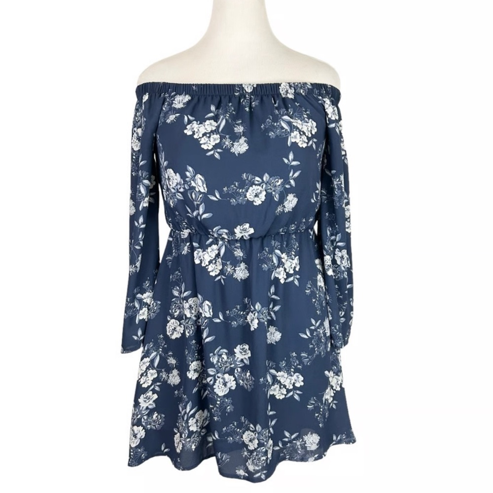 Altar'd State Navy Blue Floral Off-The-Shoulder Bishop Sleeve Mini Dress Small